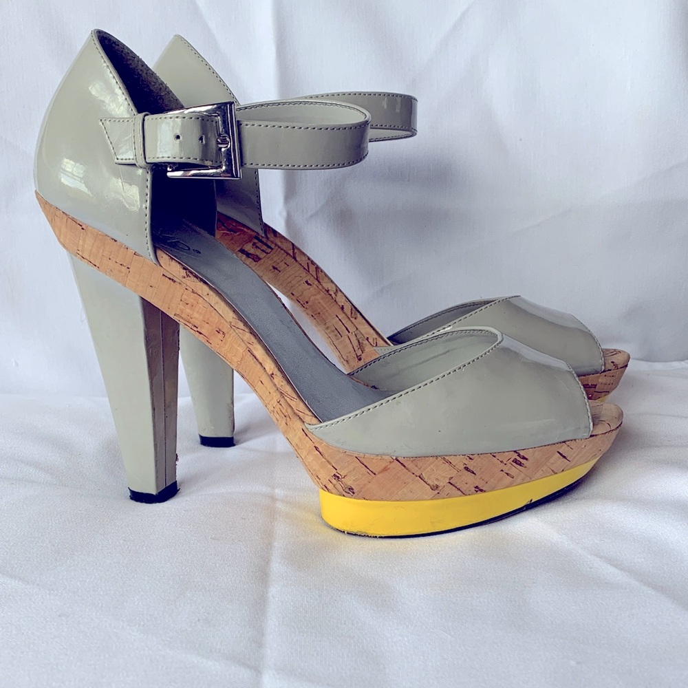 RSVP Gray and Yellow Patent Platform Heels